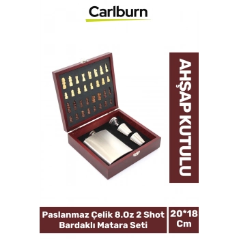 Özel Üretim Paslanmaz Çelik 8.Oz 2 Shot Bardaklı Ahşap Kutulu Satrançlı Alkol Matara Seti 20*18 Cm