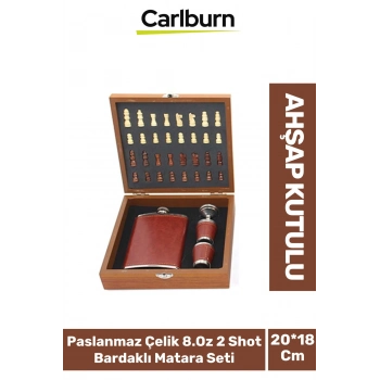 Premium Paslanmaz Çelik 8.Oz 2 Shot Bardaklı Ahşap Kutulu Satrançlı Alkol Deri Matara Seti 20*18 Cm