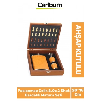 Premium Paslanmaz Çelik 8.Oz 2 Shot Bardaklı Ahşap Kutulu Satrançlı Alkol Deri Matara Seti 20*18 Cm