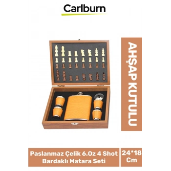 Premium Paslanmaz Çelik 8.Oz 4 Shot Bardaklı Ahşap Kutulu Satrançlı Alkol Deri Matara Seti 24*18 Cm