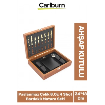 Premium Paslanmaz Çelik 8.Oz 4 Shot Bardaklı Ahşap Kutulu Satrançlı Alkol Deri Matara Seti 24*18 Cm