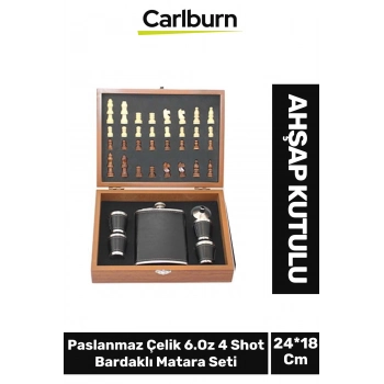 Premium Paslanmaz Çelik 8.Oz 4 Shot Bardaklı Ahşap Kutulu Satrançlı Alkol Deri Matara Seti 24*18 Cm