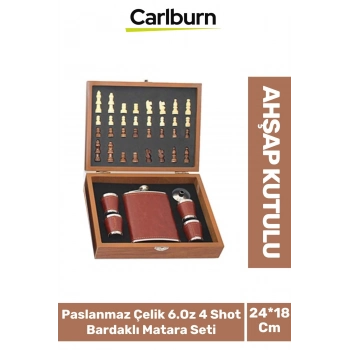 Premium Paslanmaz Çelik 8.Oz 4 Shot Bardaklı Ahşap Kutulu Satrançlı Alkol Deri Matara Seti 24*18 Cm