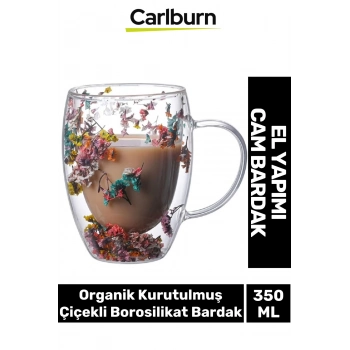 Özel El Yapımı Sıcak Soğuk Dayanıklı Süslü Organik Çiçekli Borosilikat Cam Handmade Bardak 350ml