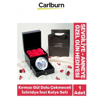 Özel Gün Hediye Sevgiliye Anneye Arkadaşa Kırmızı Gül Dolu Çekmeceli Kutu İstiridye İnci Kolye Seti