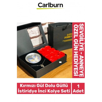 Özel Gün Hediye Sevgiliye Anneye Arkadaşa Kırmızı Gül Dolu Kutulu İstiridye İnci Kolye Seti