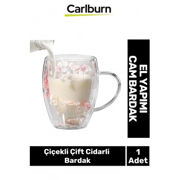 Özel El Yapımı Sıcak Soğuk Dayanıklı Süslü Organik Çiçekli Çift Cidarlı Handmade Bardak