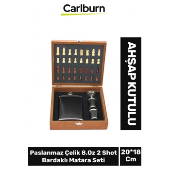 Premium Paslanmaz Çelik 8.Oz 2 Shot Bardaklı Ahşap Kutulu Satrançlı Alkol Deri Matara Seti 20*18 Cm
