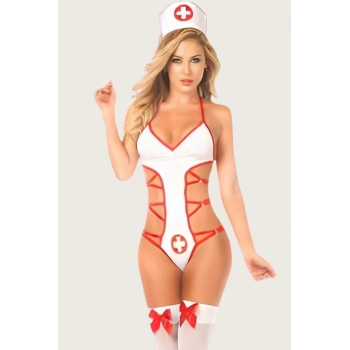 Özel Tasarım Kadın Büyüleyici Zarif Şık Fantezi Jartiyer Çoraplı Hemşire Kostümü