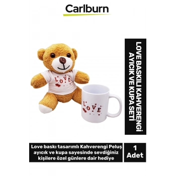 Özel Üretim Sevgili Manita Hediye Sevgi Aşk Love Baskılı Kahverengi Ayıcık Kupa Bardak Seti