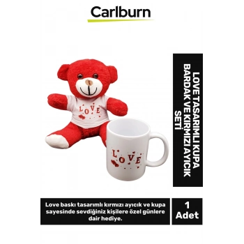 Özel Tasarım Sevgiliye Arkadaşa Hediye Sevgi Aşk Love Tasarımlı Kupa Bardak Kırmızı Ayıcık Seti