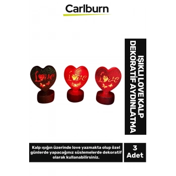 Özel Üretim Hediye Gece Masa Yatak Odası Aydınlatma Sevgi Aşk Temalı Işıklı Love Kalp 3lü Set