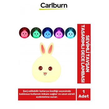 Yumuşak Silikon Çocuk Odası Dekoratif Sevimli Tavşan Tasarımlı Şarjlı Renkli Masa Gece Lambası