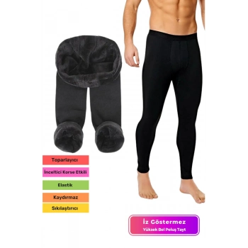 Özel Üretim Beli Sıkmaz Geniş Lastikli Rahat Kış Sıcak Tutan Yumuşak Pürüzsüz Siyah Erkek Peluş Tayt