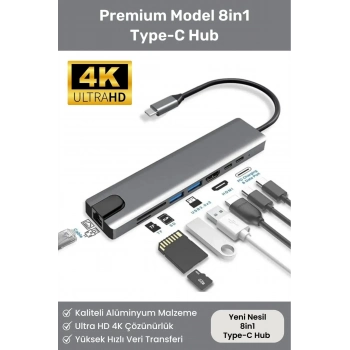 8 Girişli Macbook Pro Air Usb Type-c Hub Dönüştürücü Çevirici Çoklayıcı Usb Hdmi Micro SD 8in1