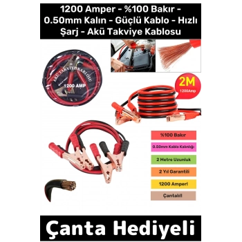 Çantalı 1200 Amper Oto %100 Bakır 0.50mm Kalın Kablo Güçlü Hızlı Şarj Akü Takviye Aktarım Kablosu