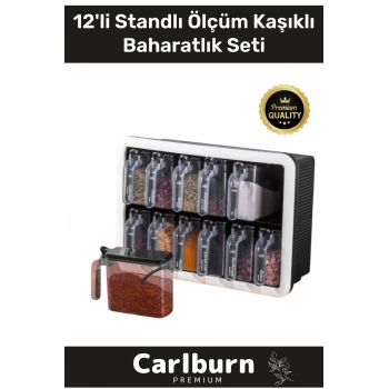 Premium Modern Pratik Bölmeki Şeffaf Mutfak Tezgah 12li Standlı Ölçü Kaşıklı Plastik Baharatlık Seti
