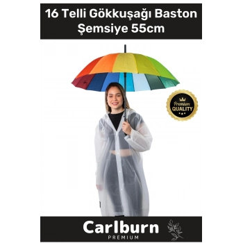 Premium Otomatik Mekanizma Baston Tip Rüzgar Korumalı Fiber 16 Telli Gökkuşağı Baston Şemsiye 55cm