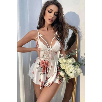 Özel Üretim Erotik Seksi Şık Rahat Mikro Üstüne Çiçek Baskılı Dantelli Babydoll Fantezi Gecelik