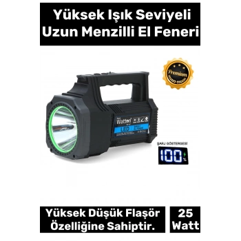 Premium 5200mAh Bataryalı 3 Modlu 21cm Uzunluk Beyaz Aydınlatma 25W Led Şarjlı El Feneri