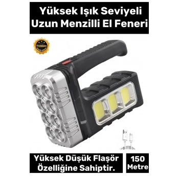 Premium 3 Modlu 150 Metre Mesafeli Işık Usb Şarjlı Solar Panelli Ledli El Fener Aydınlatma