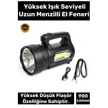 Premium 3 Modlu Beyaz Aydınlatma Işık 250 Metre Mesafeli 1200mAh Pil 900 Lümen Ultra Güçlü El Feneri