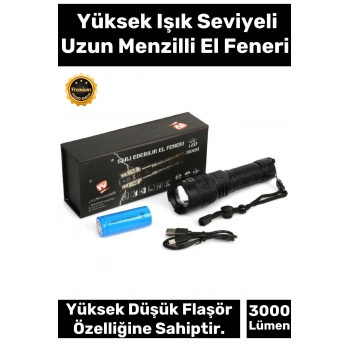 Premium 5 Modlu Gün Işığı Aydınlatma 750 Metre Menzil 8800 mAh 3000 Lümen Süper Güçlü El Feneri