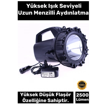 Premium 3 Modlu 2500 Lümen 600 Metre Menzilli Beyaz Aydınlatma Power Led Şarjlı 50 W Büyük Fener
