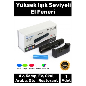 Premium 500 Metre Menzilli Şarj Edilebilir 10W 2000 Lümen 4 Renk Güçlü El Feneri
