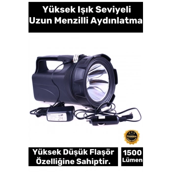 Premium 2 Modlu 1500 Lümen 500 Metre Menzilli Şarjlı Askılı Profesyonel 30 W Gücünde Avcı Feneri