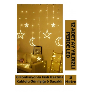 Özel Üretim 8 Fonksiyonlu Fişli Uzatma Kablolu Gün Işığı 6 Saçaklı 12 Adet Ay Yıldız Perde Led 3m