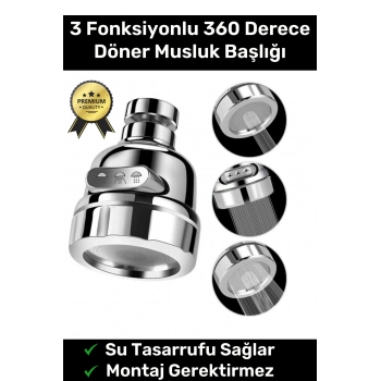 Ayarlanabilir Sert Plastik Krom 3 Fonksiyonlu 360 Derece Döner Tasarruflu Lavabo Başlığı Musluk Ucu