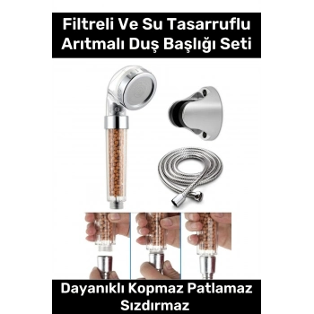 Paslanmaz Filtreli Su Tasarruflu Arıtmalı Duş Başlığı Doğal Taş Boncuklu Başlık Hortum Mafsal Seti