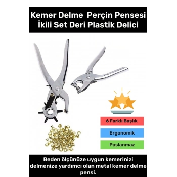 Premium 6 Farklı Başlık Uçlu Pratik Delgeç Kemer Delme Perçin Pensesi İkili Set Deri Plastik Delici