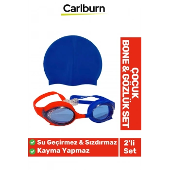 Kaymaz Su Geçirmez Silikon Yüzücü Elastik Yüzme Şapkası Havuz Deniz Bone Gözlük 2’li Çocuk Seti