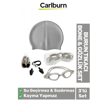 Su Geçirmez Silikon Havuz Deniz Bone Şapkası Yüzücü Gözlüğü Elastik Burun Tıkacı 3’lü Yetişkin Seti