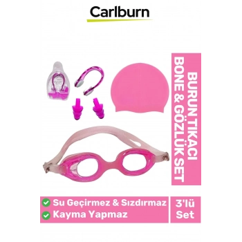 Su Geçirmez Silikon Havuz Deniz Bone Şapkası Yüzücü Gözlüğü Elastik Burun Tıkacı 3’lü Çocuk Seti
