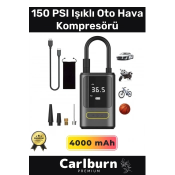 Premium Kablosuz Oto Araç Mini 4000mAh Powerbank 150 PSI Işıklı Aydınlatmalı Oto Hava Kompresörü