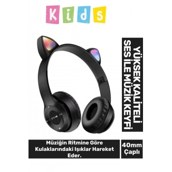 Gürültü Engelleyen Kız Erkek Çocuk Kedi Kulaklı Işıklı Mikrofonlu Kablosuz Bluetooth Kedili Kulaklık