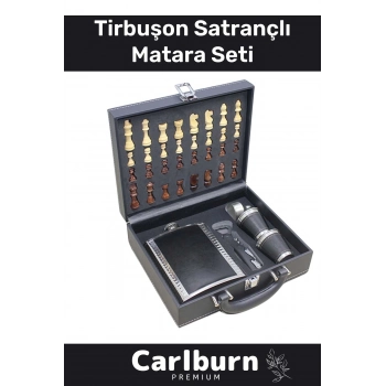 Paslanmaz Çelik 8.Oz 2 Shot Bardaklı Tirbuşon Ahşap Kutulu Satrançlı Alkol Deri Matara Seti 17*13 Cm
