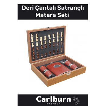 Premium Paslanmaz Çelik 8.Oz 4 Shot Bardaklı Ahşap Kutulu Satrançlı Alkol Deri Matara Seti 24*18 Cm