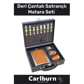 Premium Paslanmaz Çelik 8.Oz 4 Shot Bardaklı Ahşap Kutulu Satrançlı Alkol Deri Matara Seti 17*13 Cm