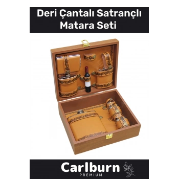 Premium Paslanmaz Çelik 8.Oz 4 Shot Bardaklı Ahşap Kutulu Satrançlı Alkol Deri Matara Seti 17*13 Cm