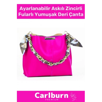 Özel Üretim 3 Bölmeli Ayarlanabilir Askılı Zincir Aksesuarlı Zarif Şık Fularlı Yumuşak Deri Çanta