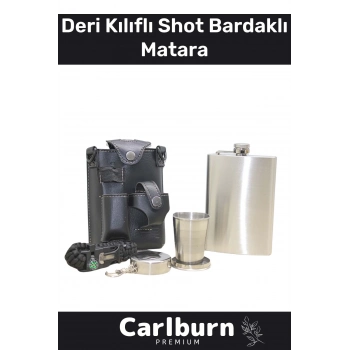 Uzun Süre Soğuk Tutan Paslanmaz Çelik 6 Oz Alkol Konyak Viski Deri Kılıflı Shot Bardaklı Matara