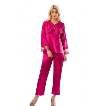 Yeni Sezon Rahat Çeyizlik Kadın Büyüleyici Şık Zarif Fuşya Saten Pijama Takımı