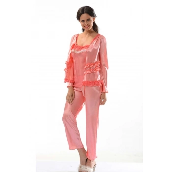 Yeni Sezon Rahat Çeyizlik Kadın Büyüleyici Şık Zarif Nar Çiçeği Saten Pijama Takımı