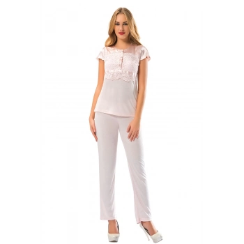 Yeni Sezon Rahat Çeyizlik Kadın Büyüleyici Şık Zarif Pudra Penye Pijama Takımı