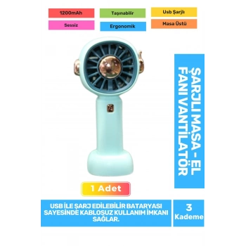 Sessiz 3 Kademeli Hafif Kablosuz 1200mAh Pervaneli Taşınabilir Usb Şarjlı Masa El Fanı Vantilatör