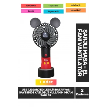Sessiz 2 Kademeli Hafif Kablosuz 1200mAh Pervaneli Taşınabilir Usb Şarjlı Masa El Fanı Vantilatör